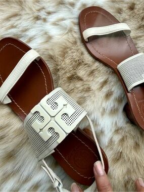 Tory Burch Cream and Brown Leather Slide Sandals